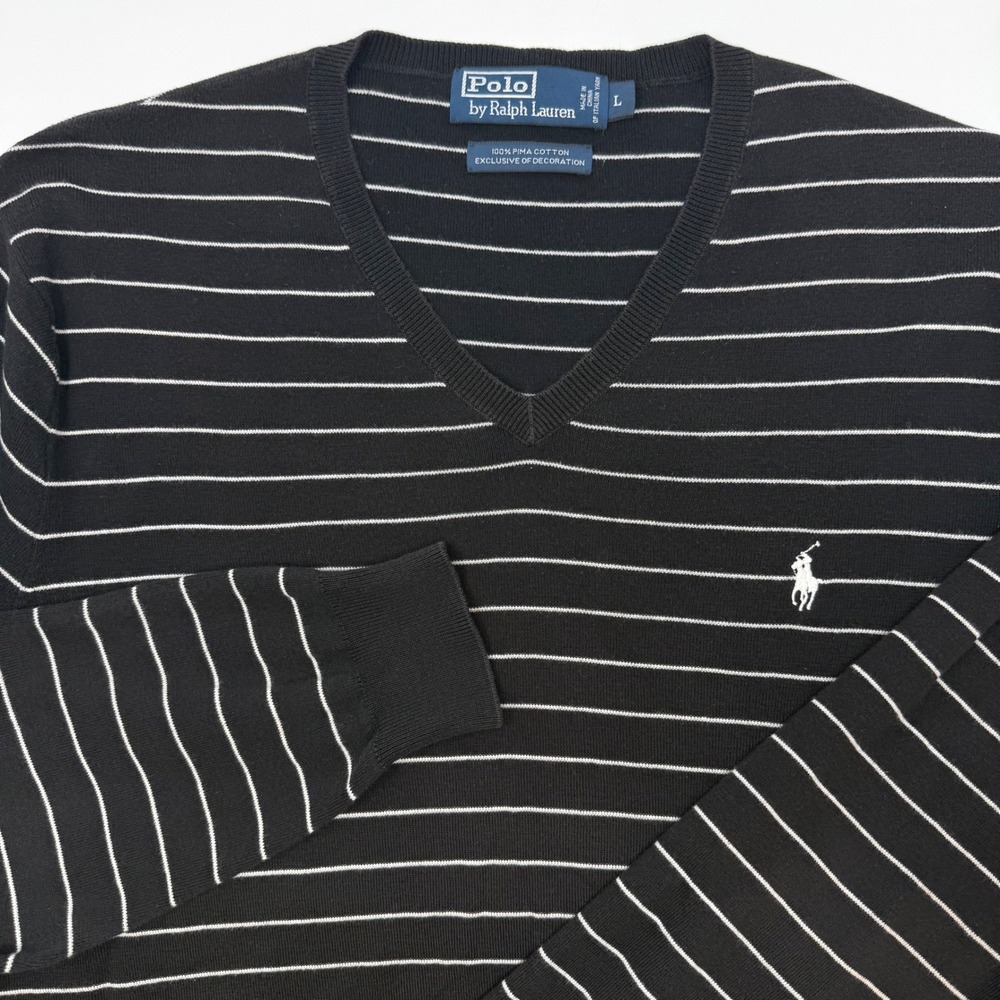 Polo Ralph Lauren Mens Large Pima Cotton‎ V-Neck Striped Sweater Black White